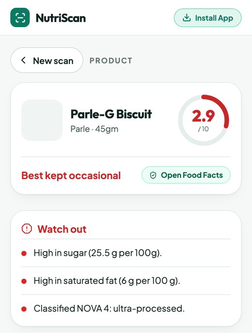 NutriScan product report for Parle-G Biscuit: scored 2.9 out of 10, flagged high in sugar, high in saturated fat, and NOVA 4 ultra-processed